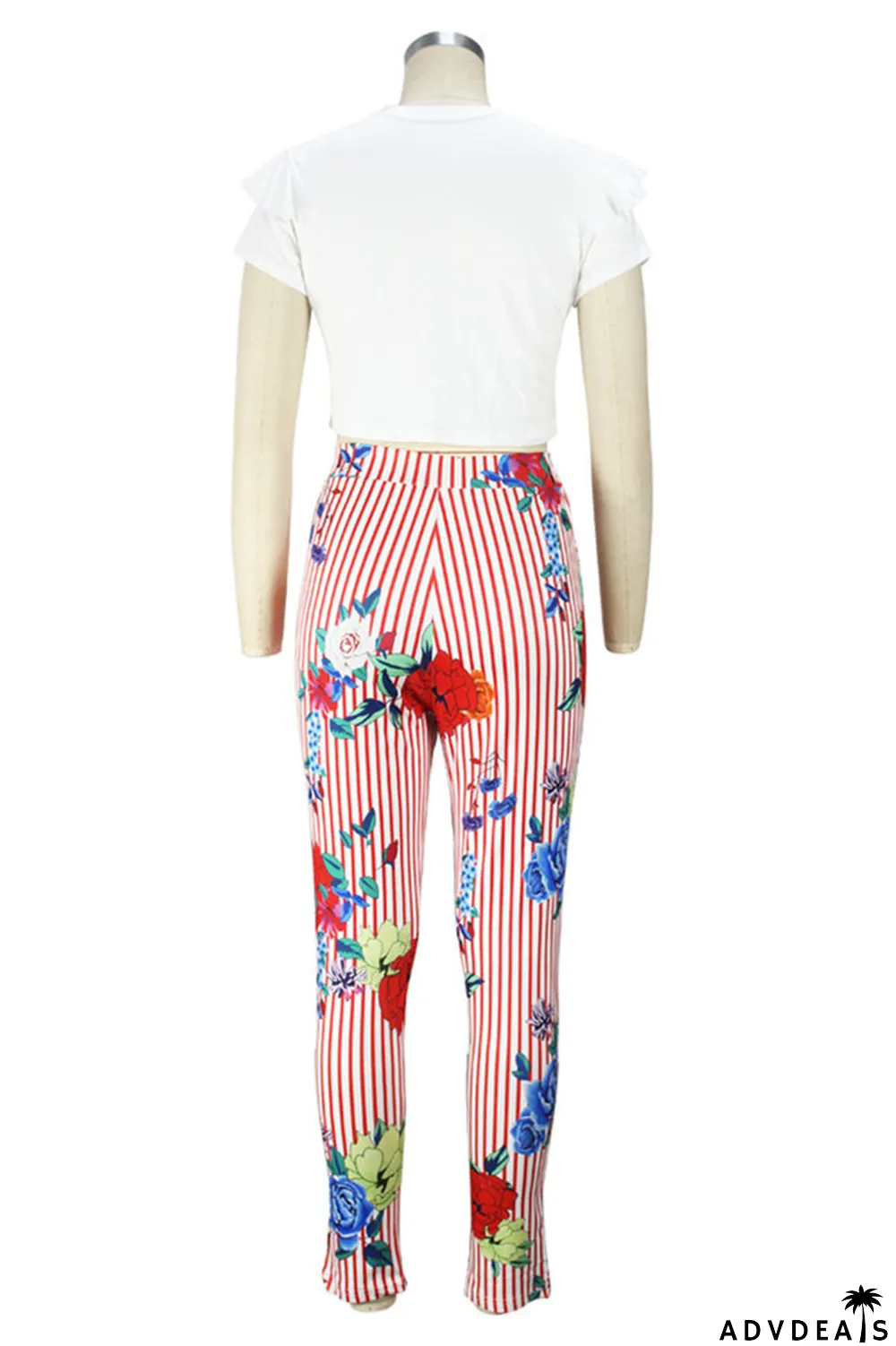 Blue Fashion Casual Print Basic O Neck Short Sleeve Two Pieces