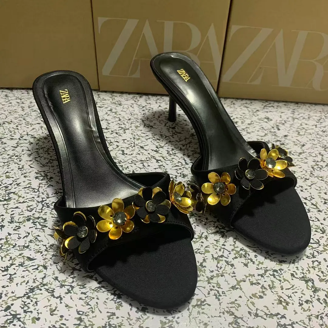 Breakj Breakj Home 2025 New Cow Skin Flowers Exposed Toe And Cool Slippers Outside Wearing High Heels Sandals Women