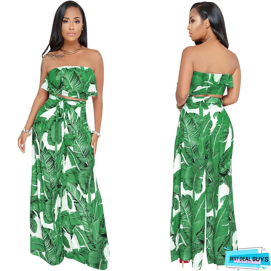 SEXY PRINTING STRAPLESS FLOUNCE TOP WIDE-LEG TROUSERS SUIT