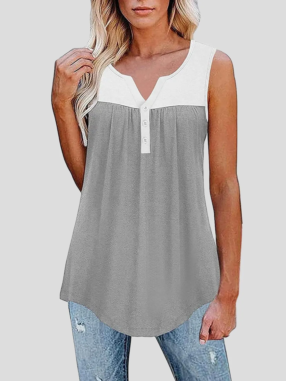 Sleeveless V-Neck Button Paneling Tank Tops