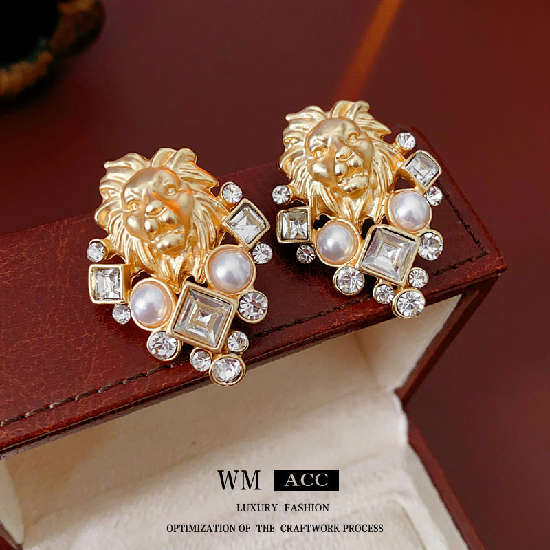 Luxurious Zodiac Sign Rhombus Geometric Chinese Zodiac Animal Artificial Pearl Diamond Inlay Earrings