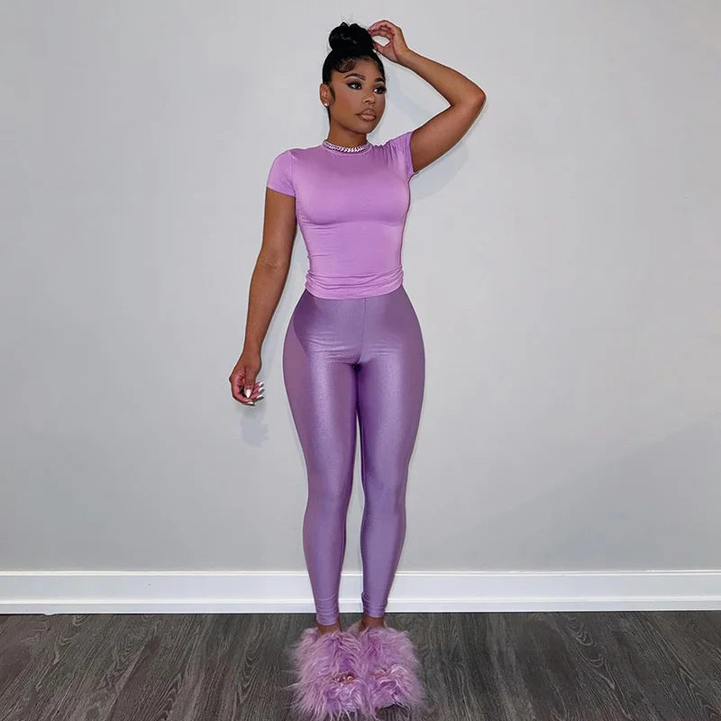 Uveng Uveng Women's Simple Solid Color Round Collar Short-Sleeved T-Shirt Tight Trousers Two Sets