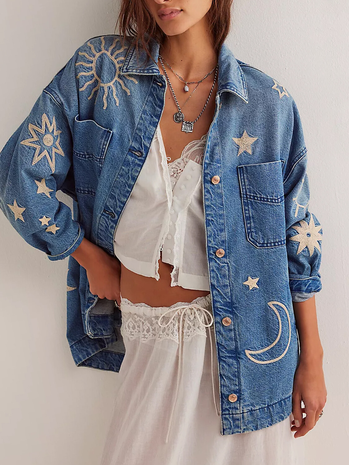 Casual Star Moon Sun Pattern Button Long Sleeve Denim Blouse