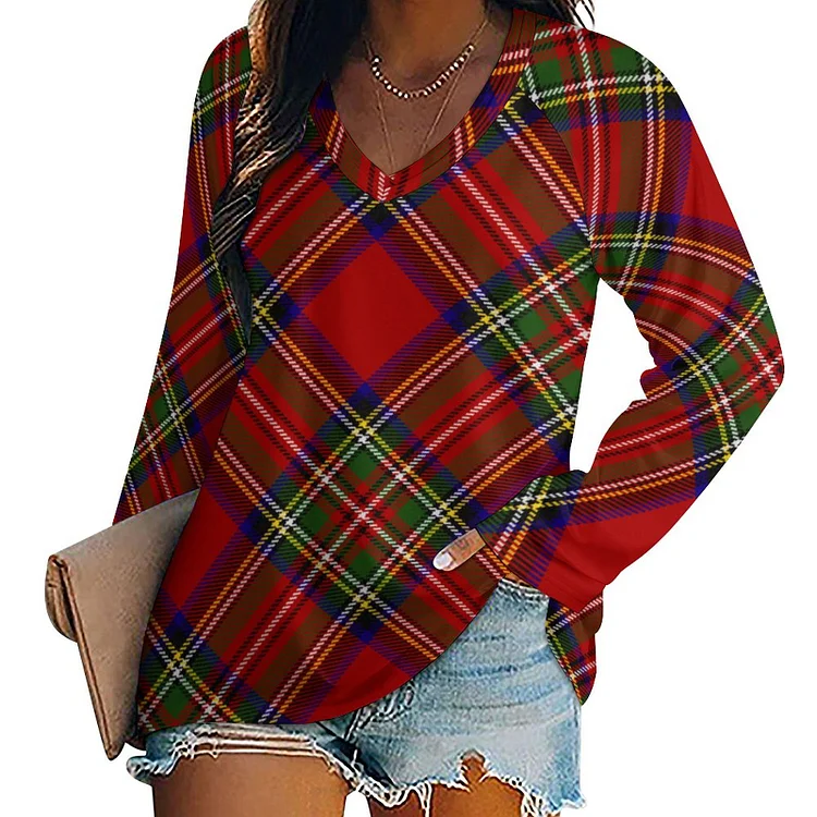 Red Stewart Clan Tartan Plaid Family Scottish Casual Tunic Tops Women Fall Graphic Raglan Sleeve Pullover Shirt Tee - Heather Prints Shirts
