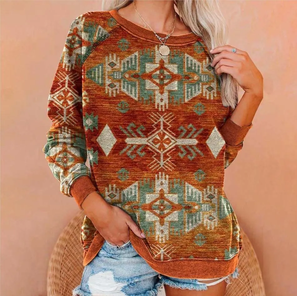 Vintage Print Sweatshirt Women Autumn Fashion Pocket O Neck Long Sleeve Streetwear Hoodies Female Plus Size Casual Pullovers