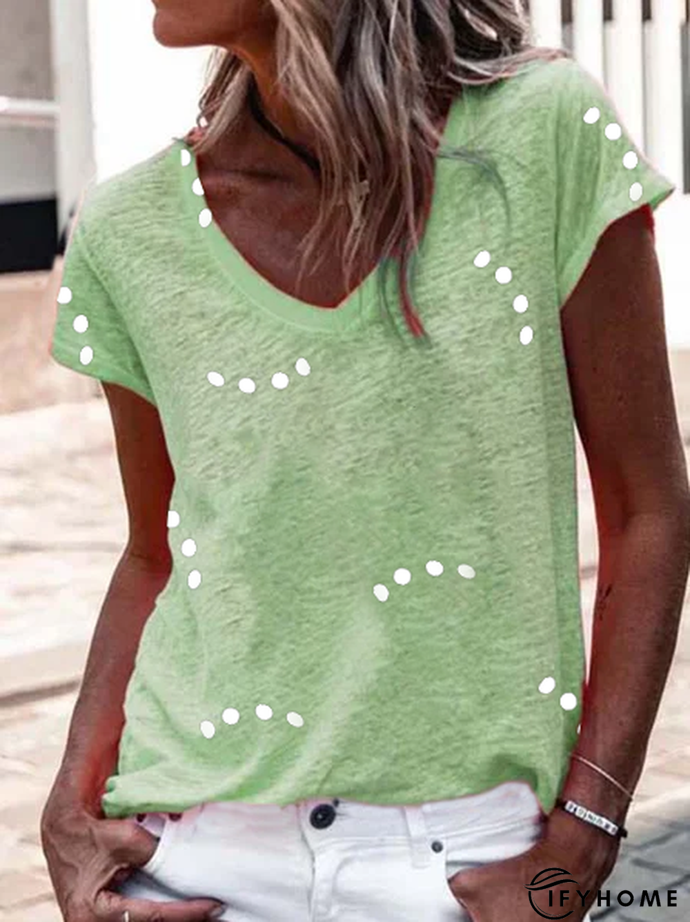 Polka Dots V Neck Jersey T-Shirt | IFYHOME