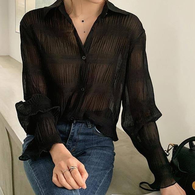 New Spring Vintage Elegant Women Chiffon Blouses Casual Long Sleeve Blusas Femme Turn-down Collar Solid Shirts Female Tops