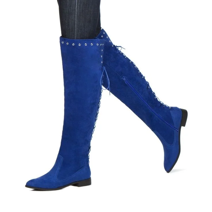 Blue Flat Knee High Boots with Back Lace Up Vdcoo