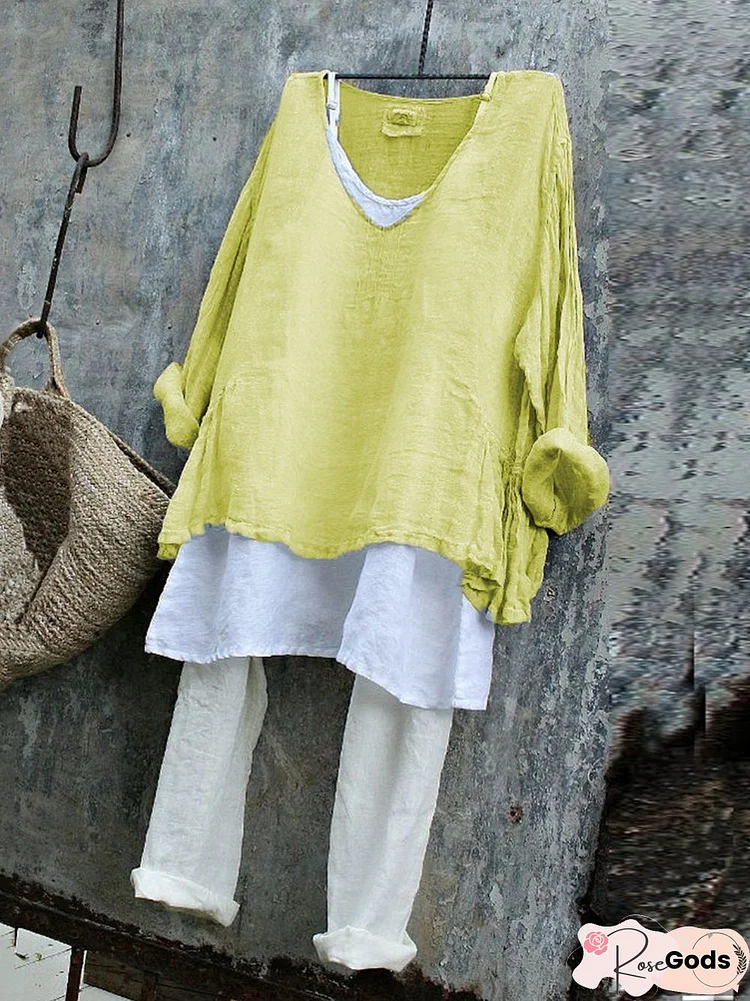 Women Plus Size V Neck Long Sleeve Blouse