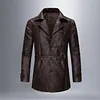 Men's Vintage Distressed Brown Faux Leather Trench Coat &ndash; Mid-Length Belted Biker Jacket with Lapel Collar by Inlyline