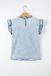 Women's Beau Blue Ruffle Pleated Vintage Washed Denim Sleeveless Top