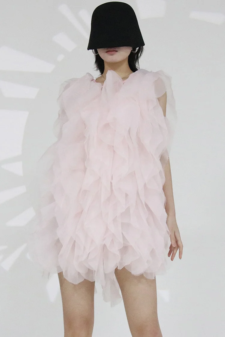 Mesh Layered Ruffle Sleeveless Mini Dress-Pink