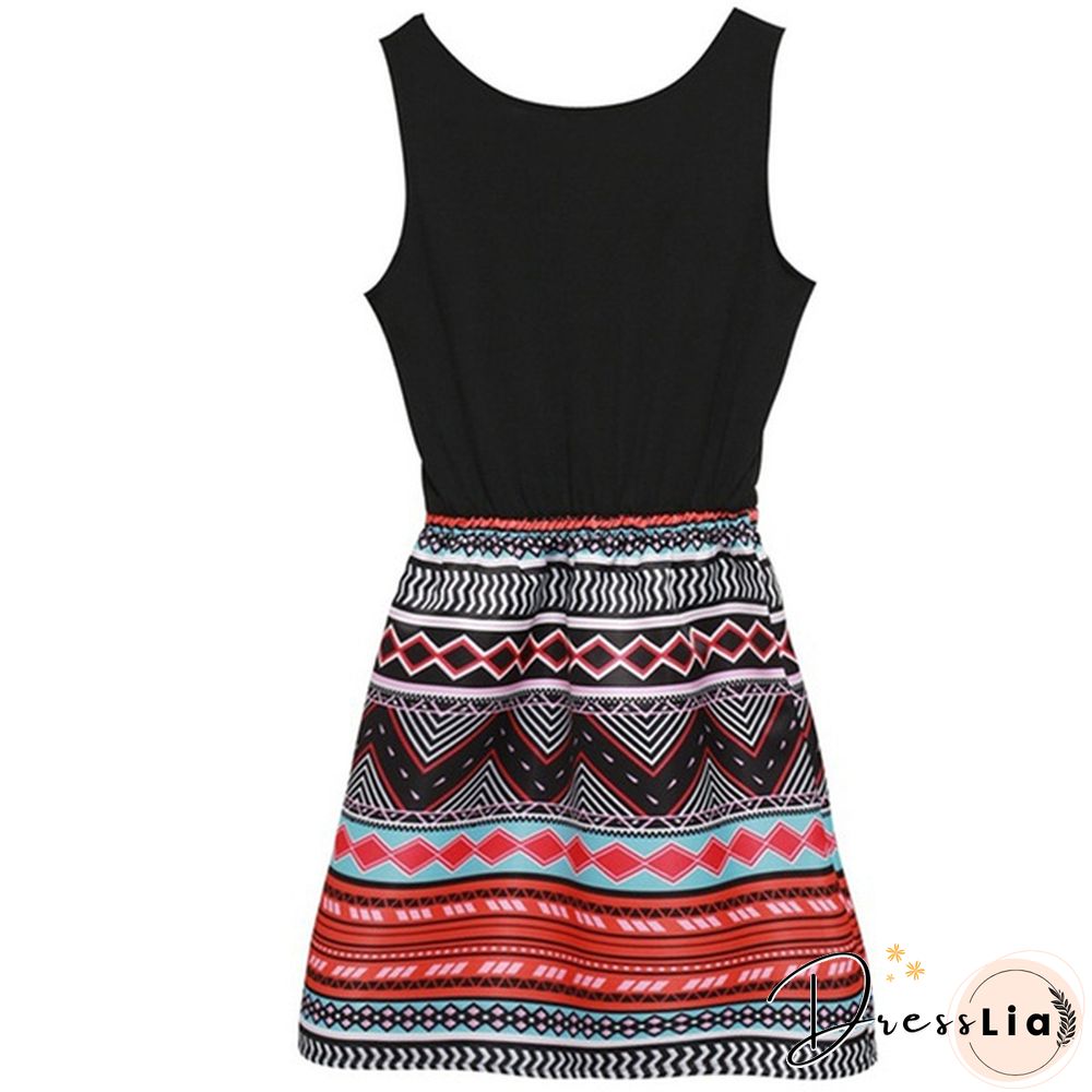 Women Print Patchwork Sundress Sleeveless A-Line Mini Cocktail Dress