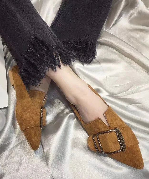 Stylish Khaki Pointed Toe Zircon Flat Feet Shoes