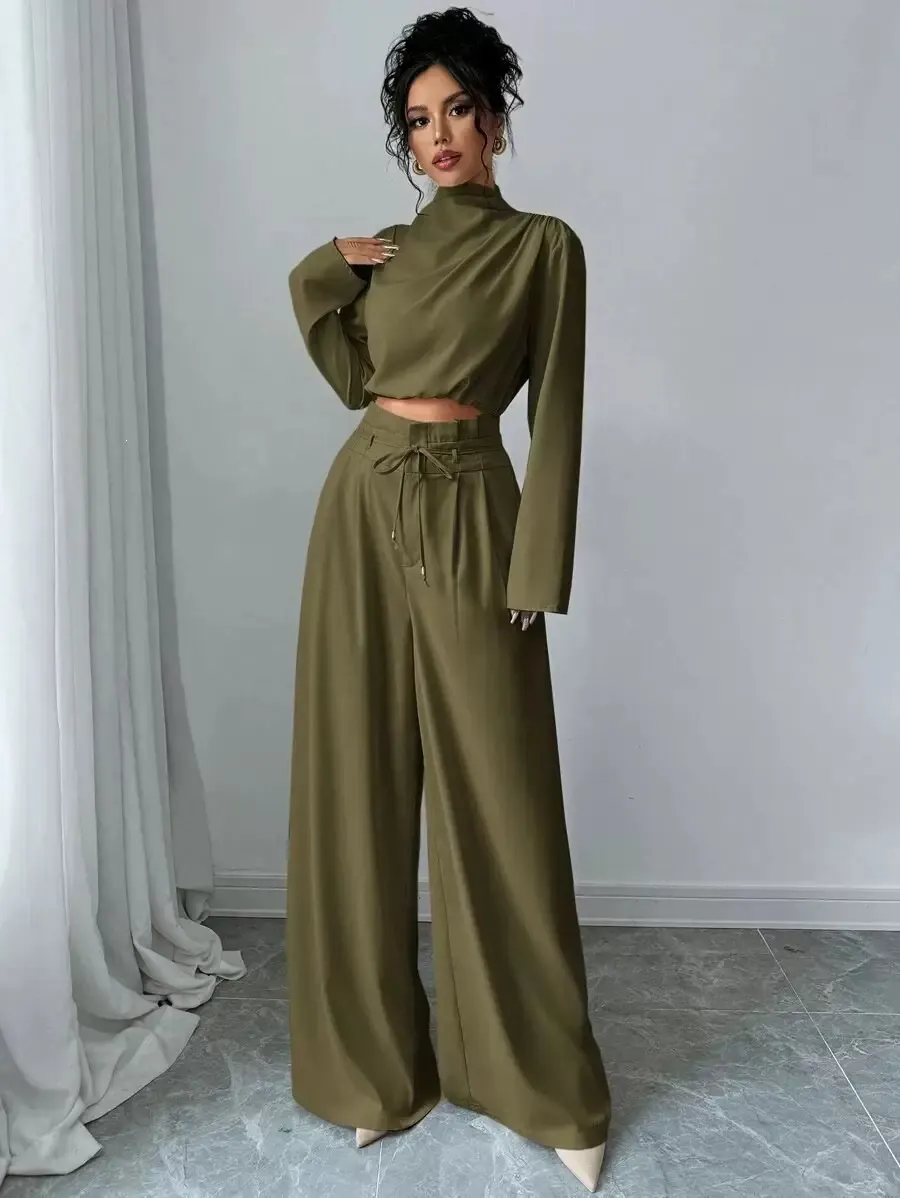 Women 2 Piece Outfit Long Sleeve Mock Neck Crop Top Wide Leg Pants Set