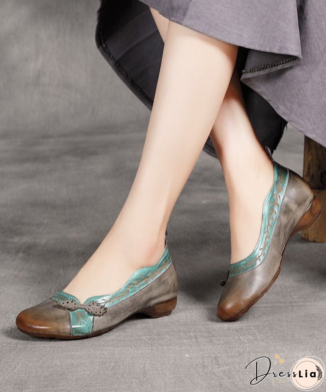 Grey Print Cowhide Leather Flat Shoes For Women Splicing Flats