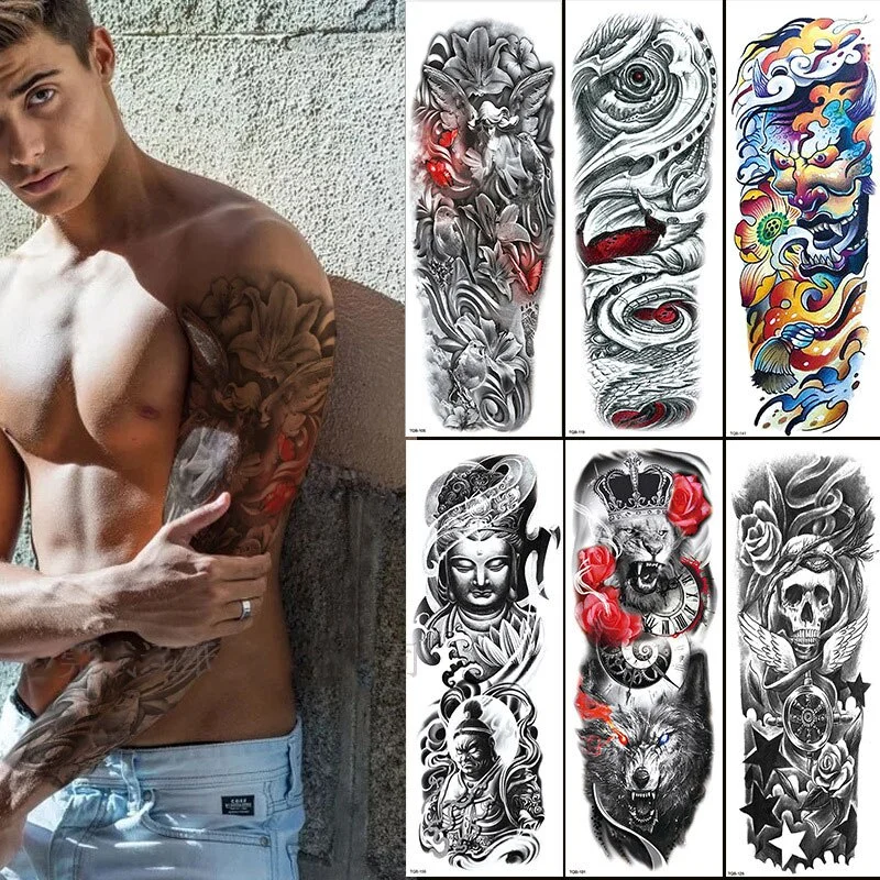 Sdrawing Temporari Tattoo Sticker for Men Death Skull Henna Skeleton King Animal Arm Leg Tatoo Pattern Fake Tattoo for Woman