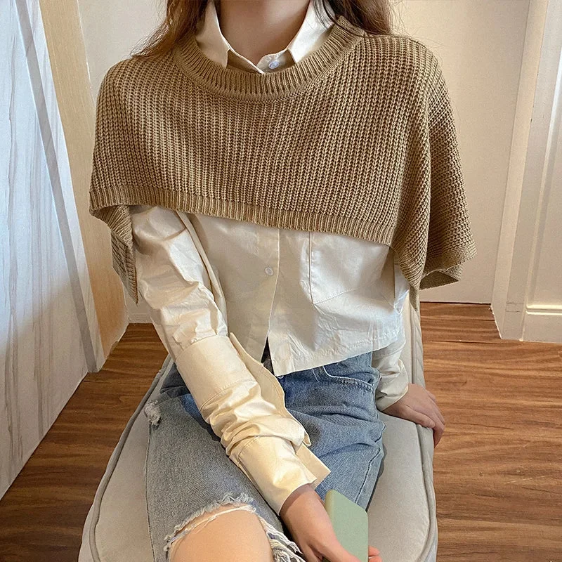 Oocharger Vintage Women Two Peice Set Korean Chic Pullover Knitted Sweater Elegant Loose White Shirt Autumn Ladies Outfits