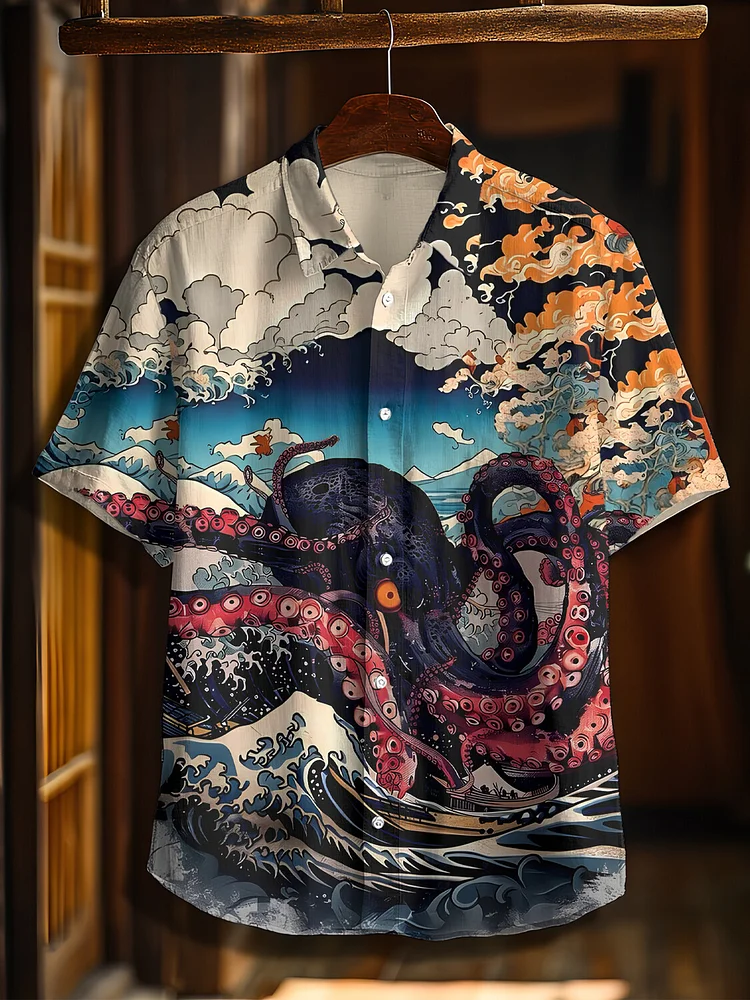 Men's Deep Sea Octopus Japanese Art Print Casual Shirt