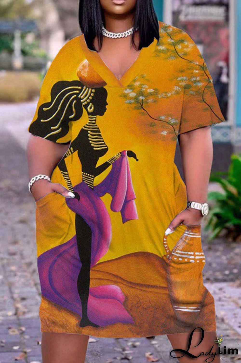 Red Casual Print Patchwork V Neck Straight Dresses