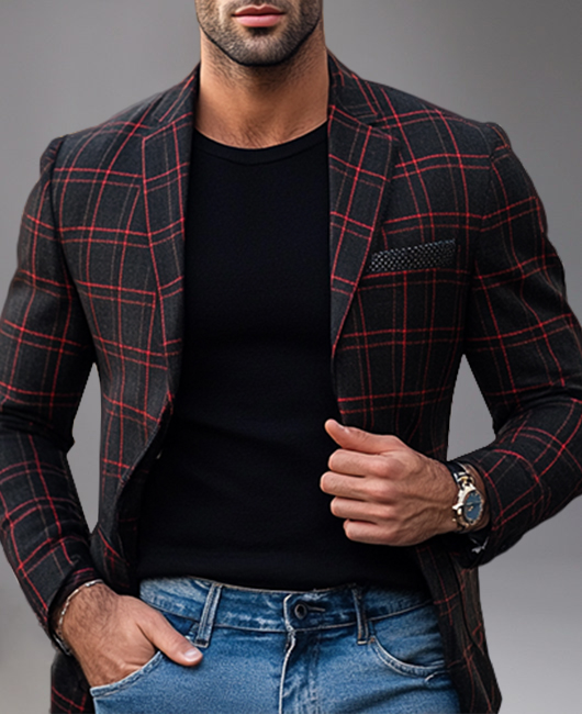 Business Plaid Pattern Notched Lapel Single Breasted Chest Pocket Blazer