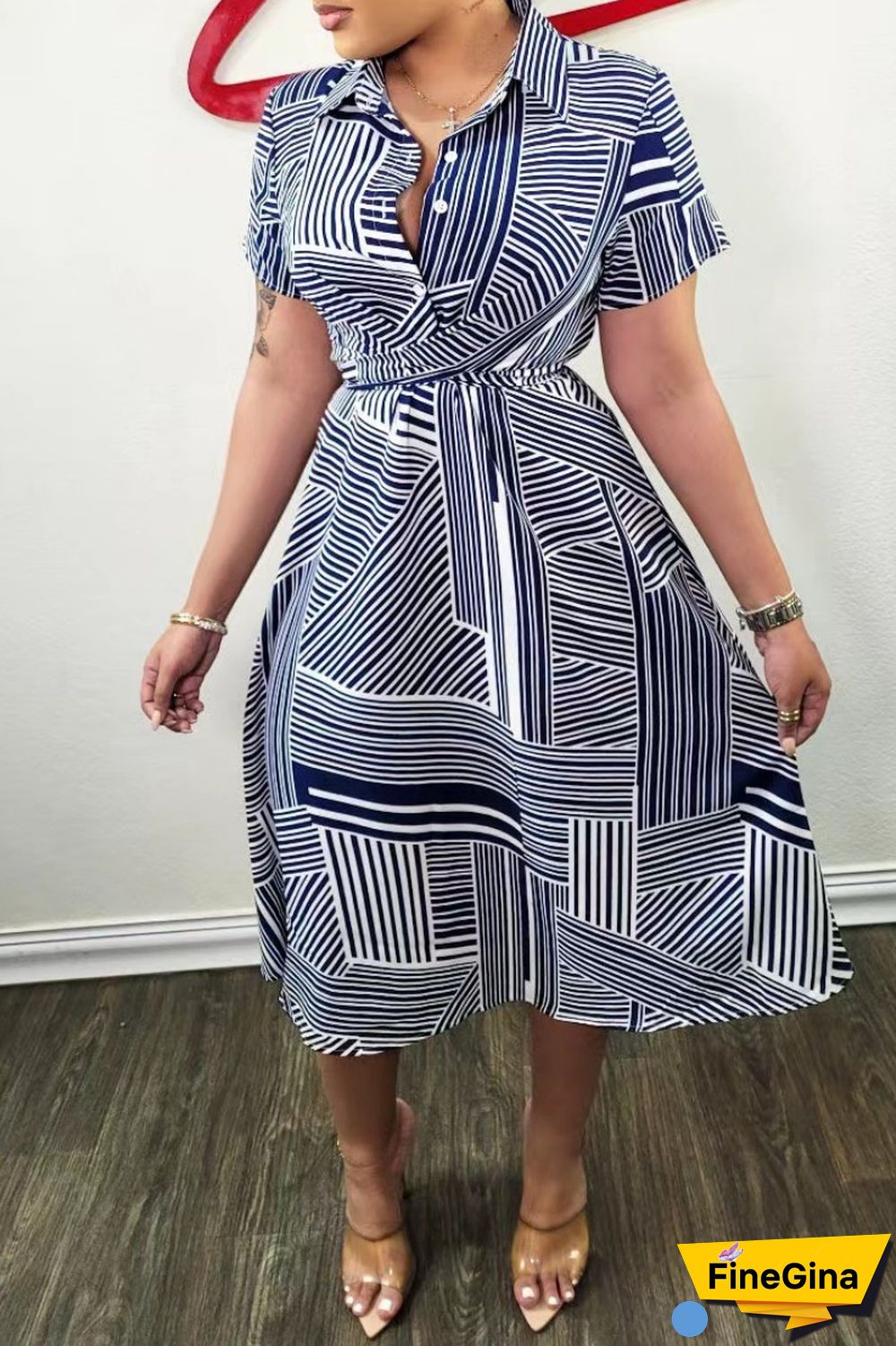 Blue Casual Print Patchwork Turndown Collar Short Sleeve Dress
