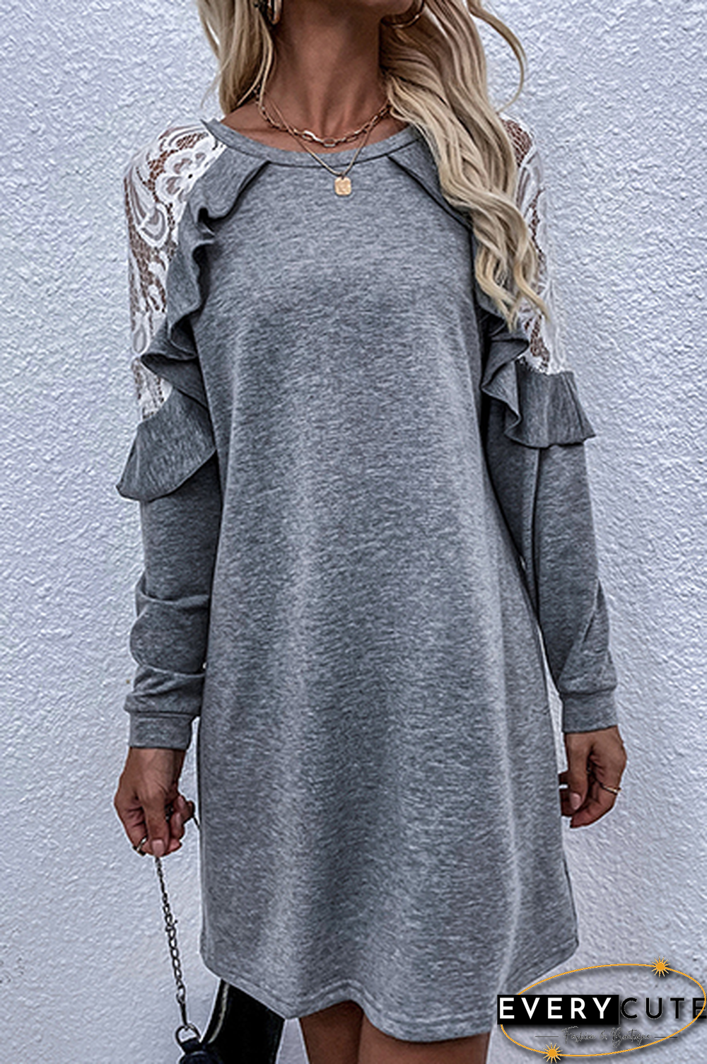 Casual  Lace Hollowed Out Flounce O Neck A Line Dresses