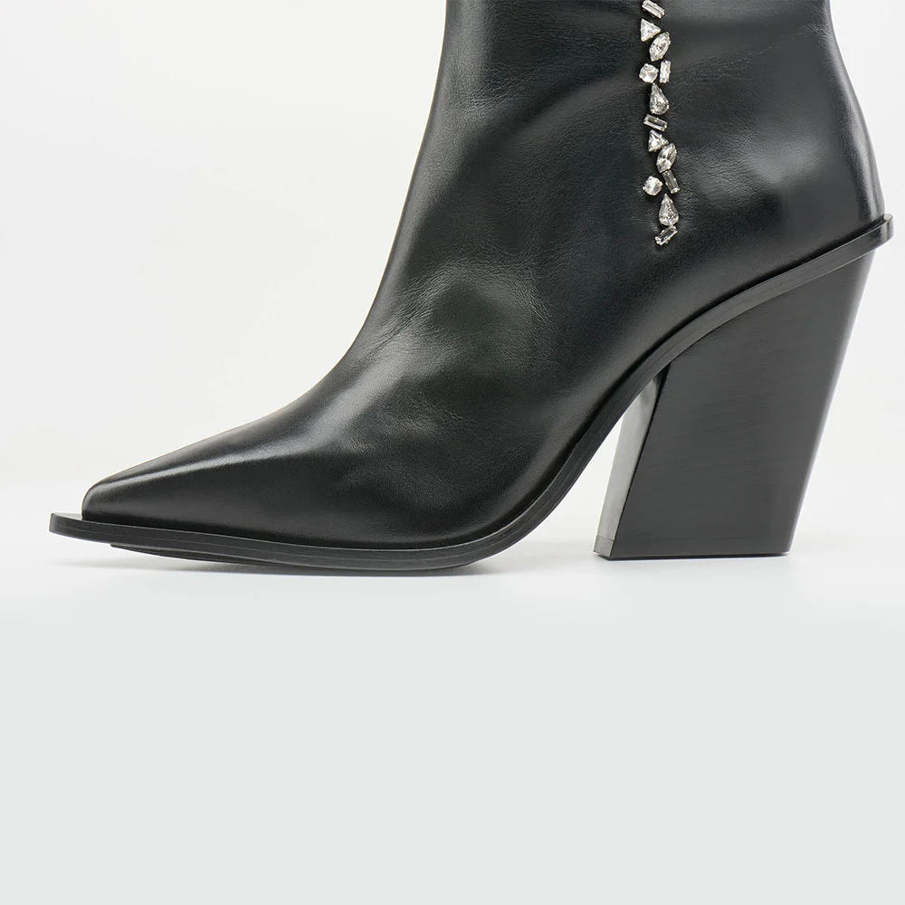 Black Pointed Toe Chunky Heel Knee High Cowgirl Boots with Rhinestone