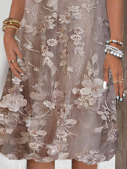 Women's Short Sleeve V-neck Floral Printed Lace Stitching Midi Dress