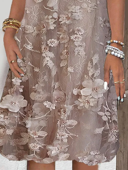 Women's Short Sleeve V-neck Floral Printed Lace Stitching Midi Dress