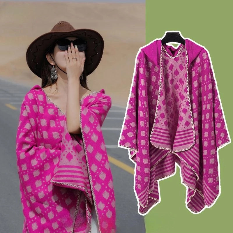 Ethnic Style Hooded Cape Women’s Yunnan Tibet Western Sichuan Grassland Bohemia Travel Wear Scarf Coat