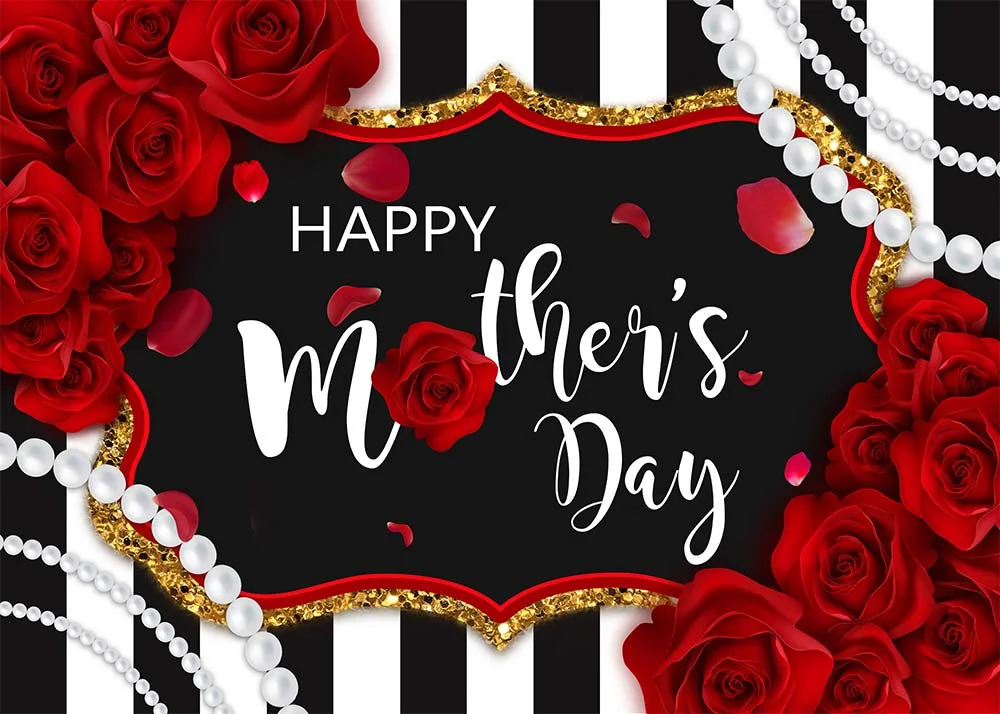 Red Rose And Pearl Necklace Happy Mothers' Day Backdrop RedBirdParty