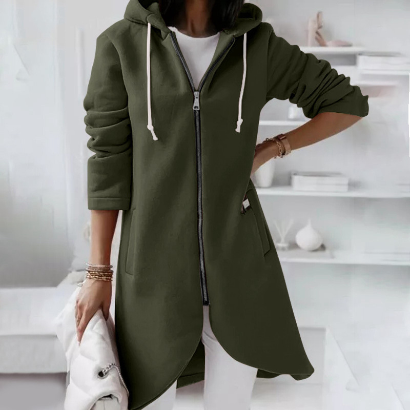 Aquavibeshop Autumn Women Long Hoodies Sweatshirt Coat Zip Up Solid Hooded Jacket Winter Casual Pockets Outwear Female Long Jackets