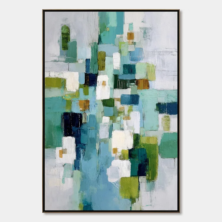 EMERALD CASCADE: Modern Geometric Abstract Painting in Green and Blue（Canvas painting）
