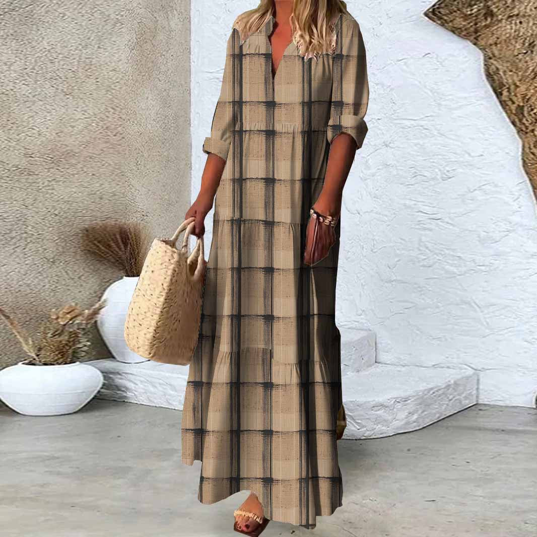 Women Plaid, Khaki DZDN0808 SPU Printed Long Sleeve V-neck Maxi Dress