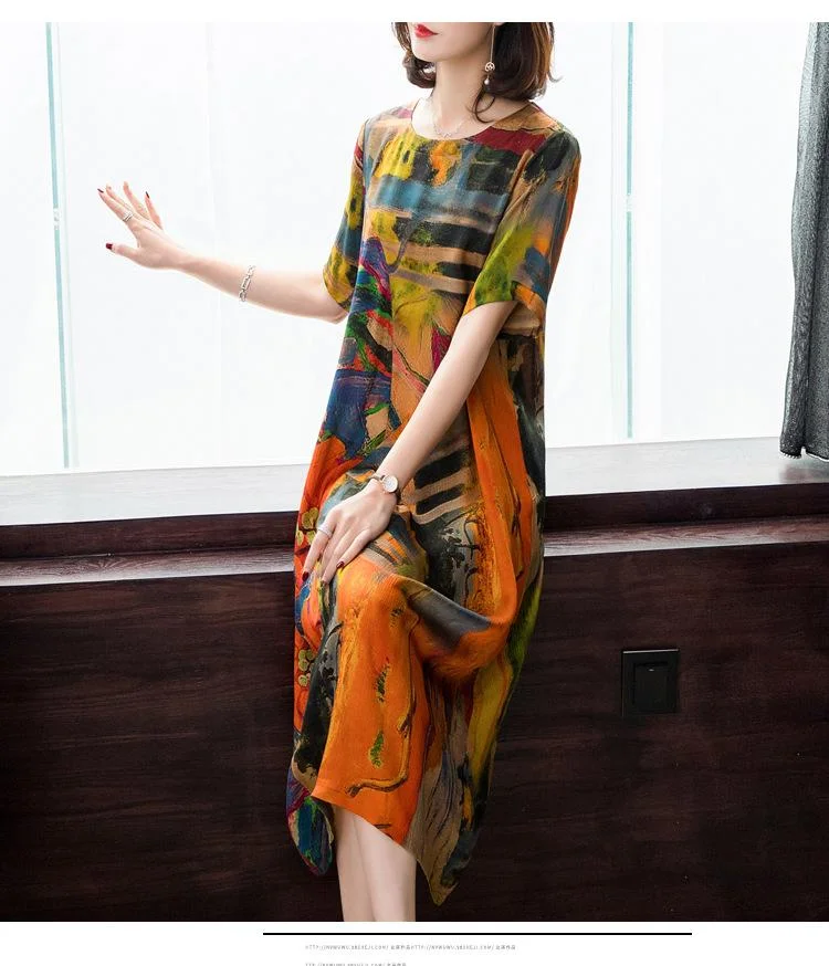 Color imitation silk mid-length dress