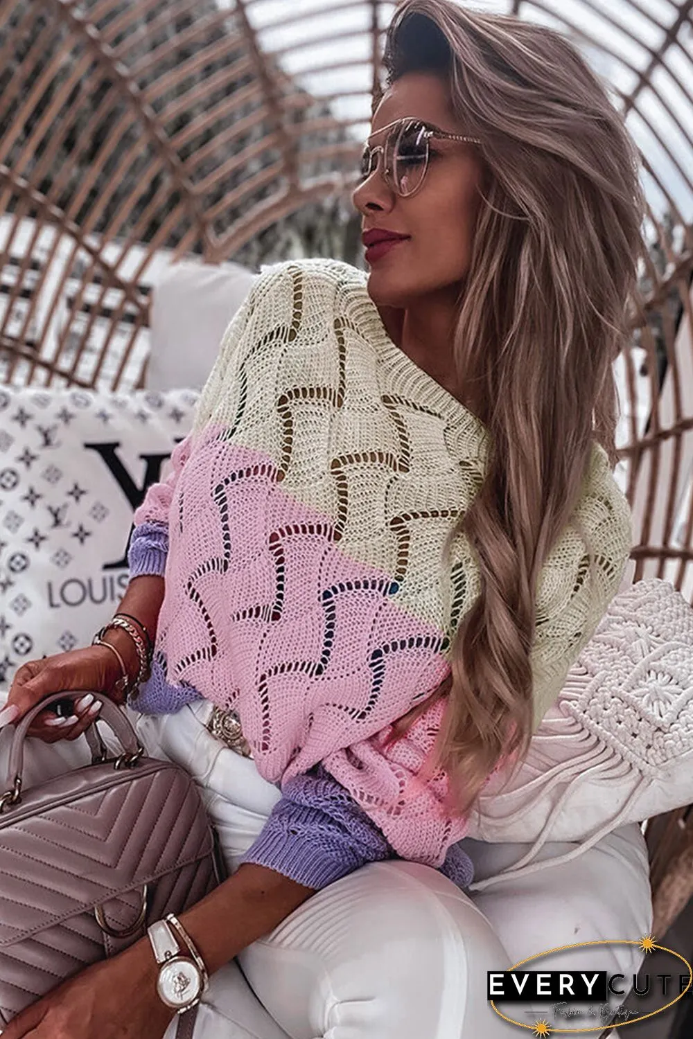 Pink Color Block Hollow Knitted Loose Sweater