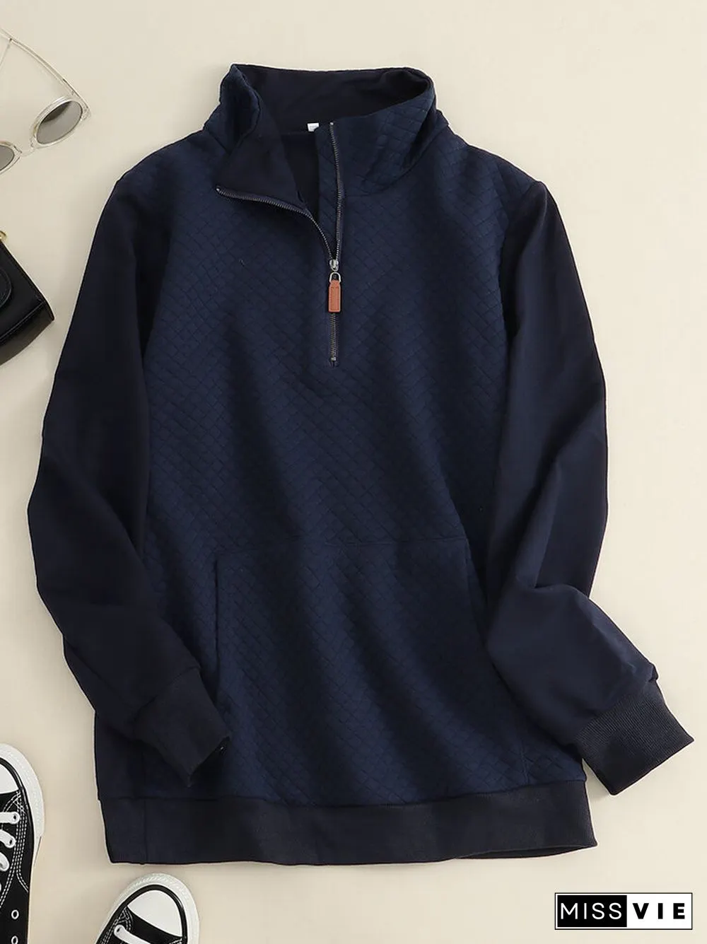 Solid Zip Front Pocket Long Sleeve Lapel Women Sweatshirt