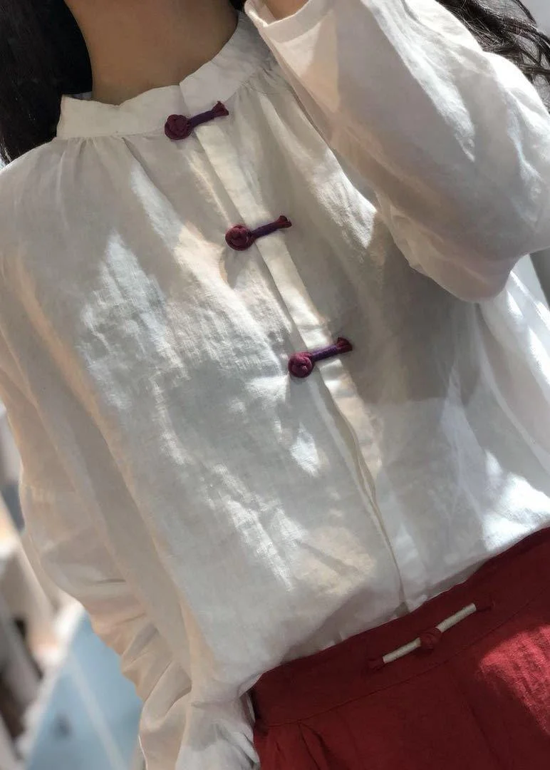 Bohemian Chinese Button linen tunics for women Christmas Gifts white tops fall