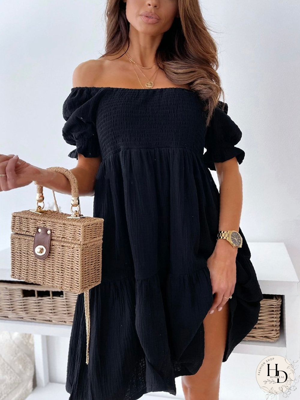 Solid Off-Shoulder Pleated Mini Dress P15230