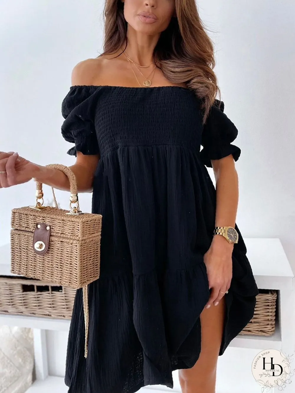 Solid Off-Shoulder Pleated Mini Dress P15230