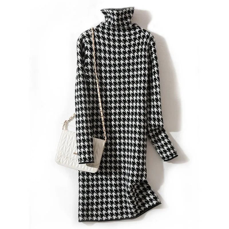 dress large size2021 autumn and winter new Korean version of the houndstooth casual thick warm high-neck knitted bottoming dress