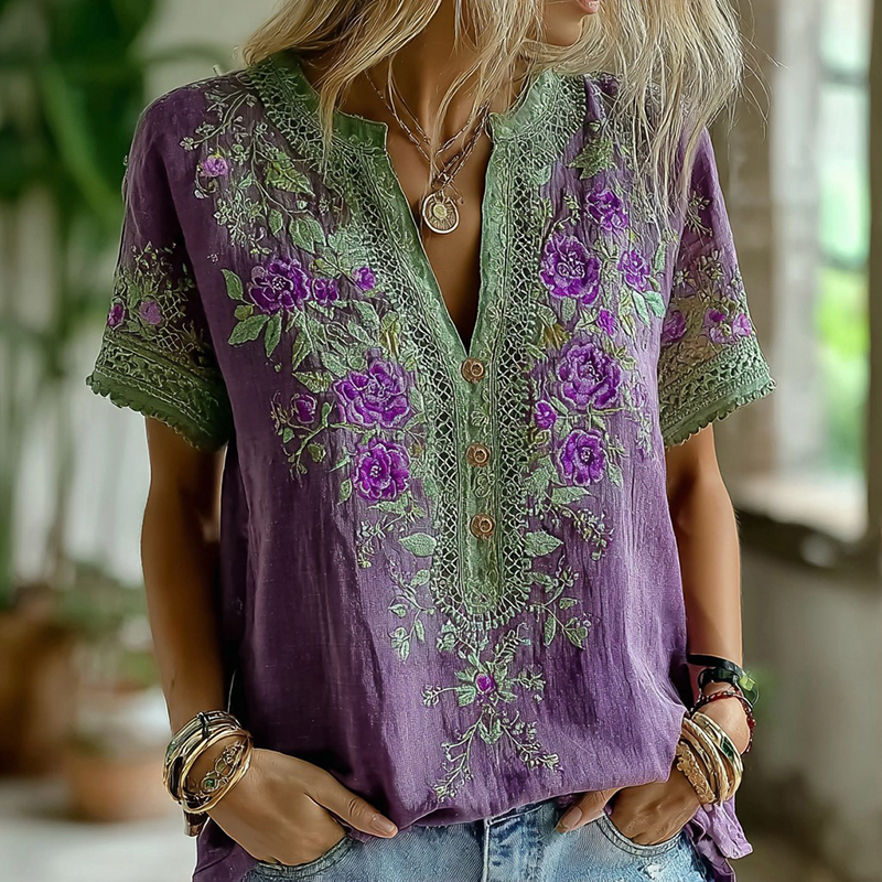 Women's Vintage Purple Floral Casual Shirt elevenforest