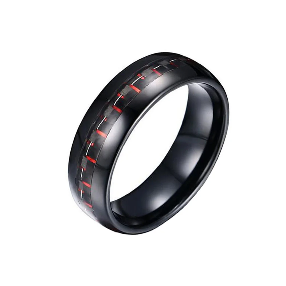 6MM 8MM Domed Black Plated Tungsten Carbide Red Carbon Fiber Inlay Men Wedding Bands