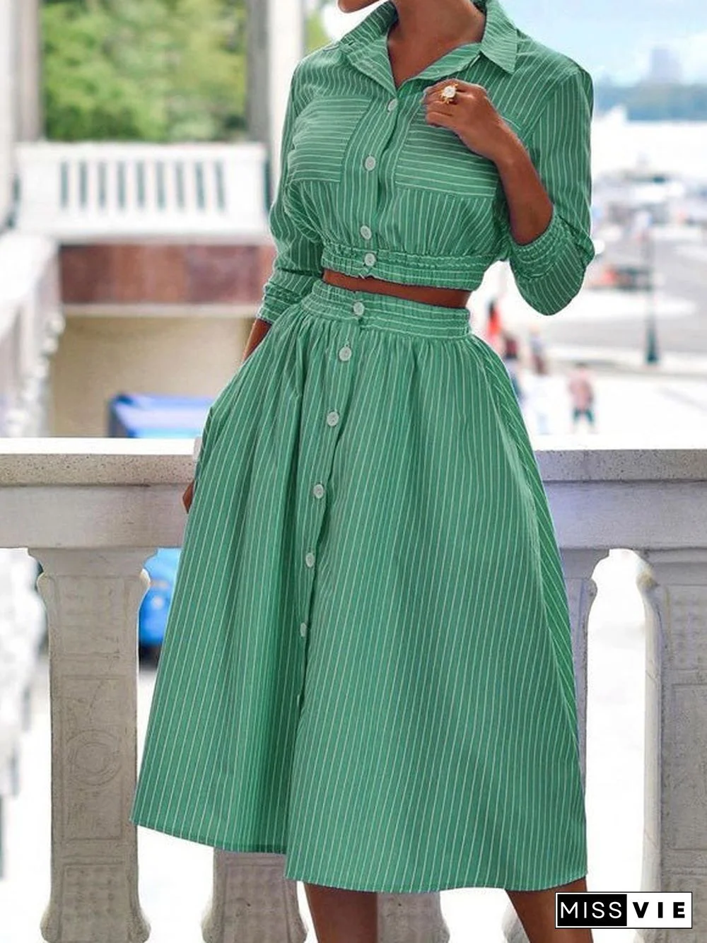 Women'S Sets Long Sleeve Striped Shirt & Skirt Two-Piece Set