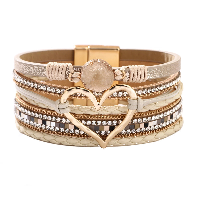 Fashion Bracelet Female Bohemian Love Rhinestone Magnetic Bracelet PU Artificial Leather Soft Bracelet