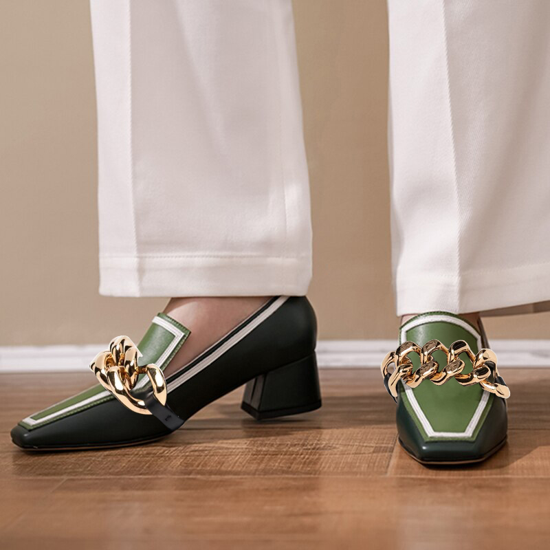 Green Square Toe Chunky Heel Women's Loafers with Gold Chain Nicepairs