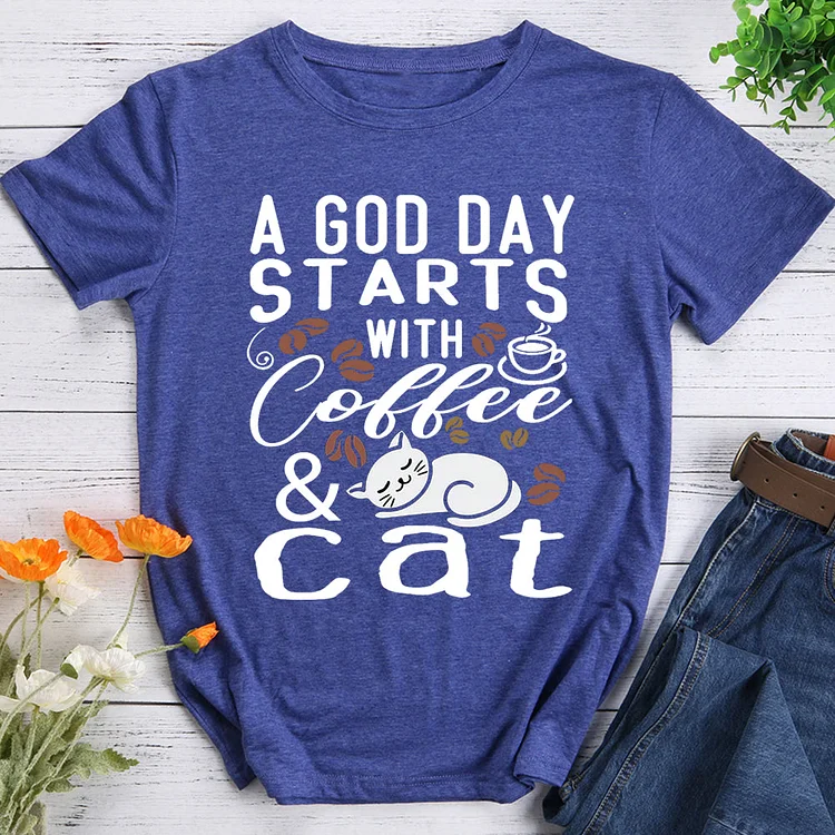 A Good Day Starts With Coffee & Cats   T-shirt Tee -08100