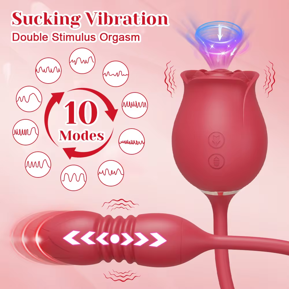 Dual Action Rose Vibrator with 10 Sucking and Thrusting Modes for Ultimate G Spot and Clitoral Stimulation