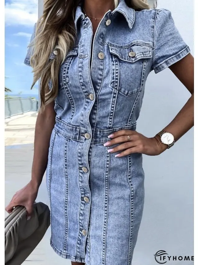 Denim Dress Denim Shirt Dress Midi Dress Denim Elegant Casual Daily Vacation Shirt Collar Button Pocket Short Sleeve Summer Spring Fall Slim Light Blue Pure Color S M L XL for Women | IFYHOME